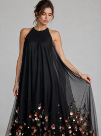 Black Floral Applique Halter Maxi Dress