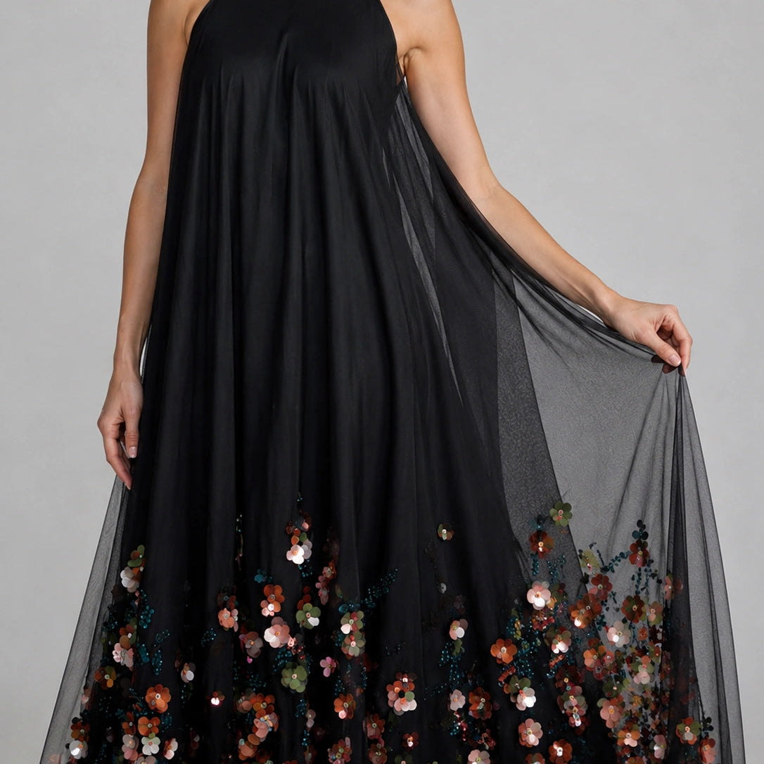 Black Floral Applique Halter Maxi Dress