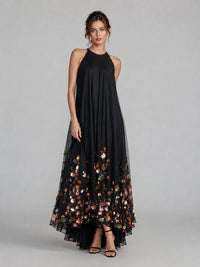 Black Floral Applique Halter Maxi Dress