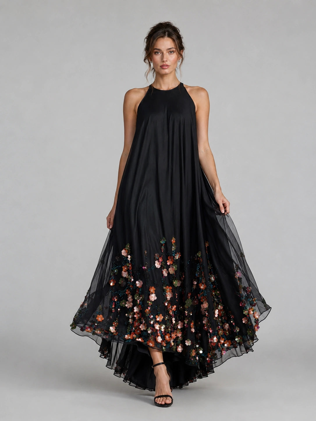 Black Floral Applique Halter Maxi Dress