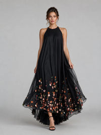 Black Floral Applique Halter Maxi Dress