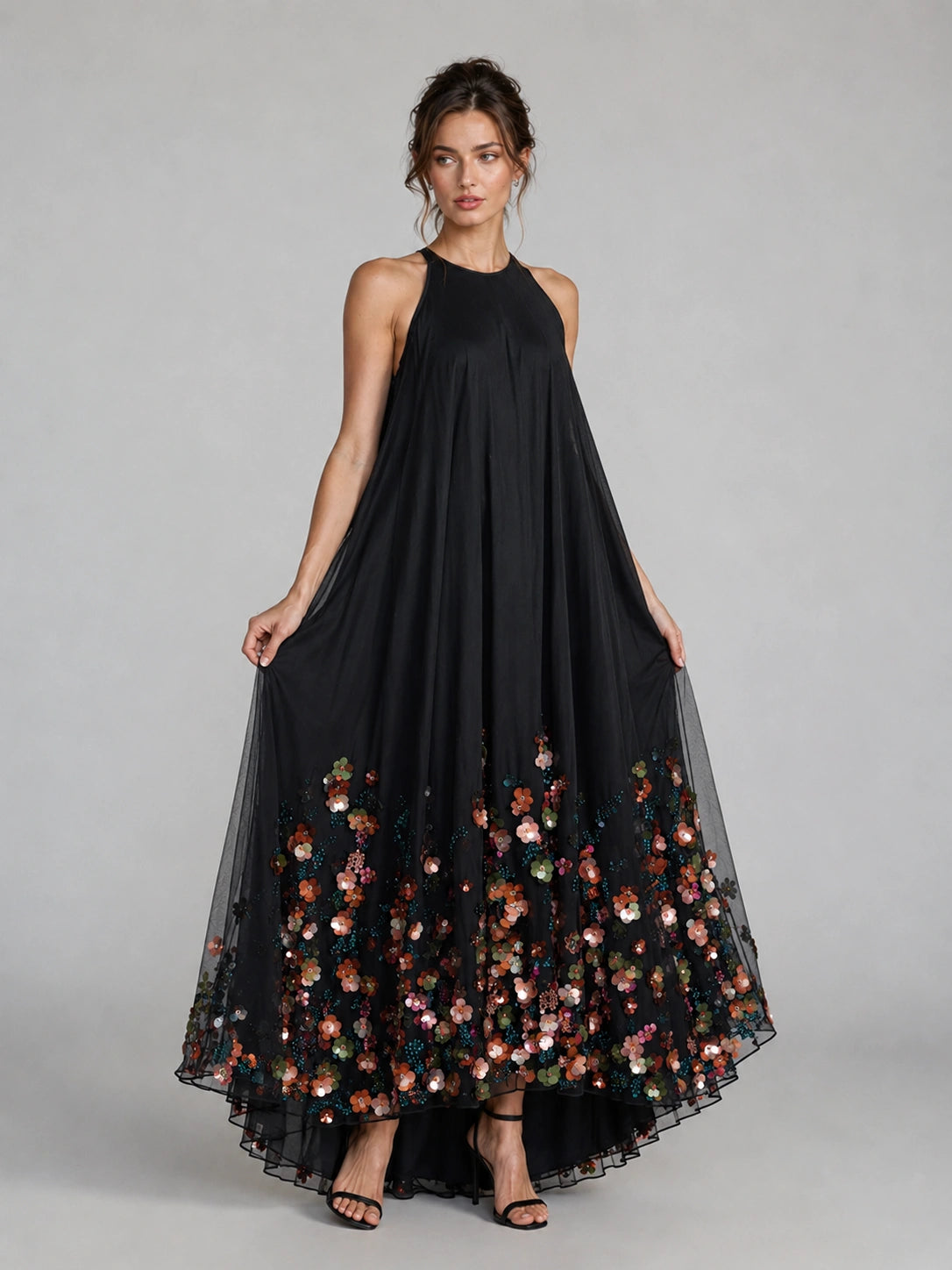 Black Floral Applique Halter Maxi Dress