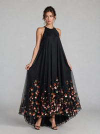 Black Floral Applique Halter Maxi Dress