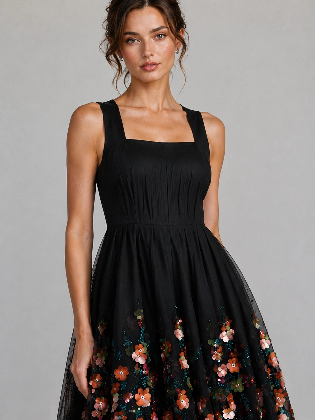 Black Floral Applique Mini Dress