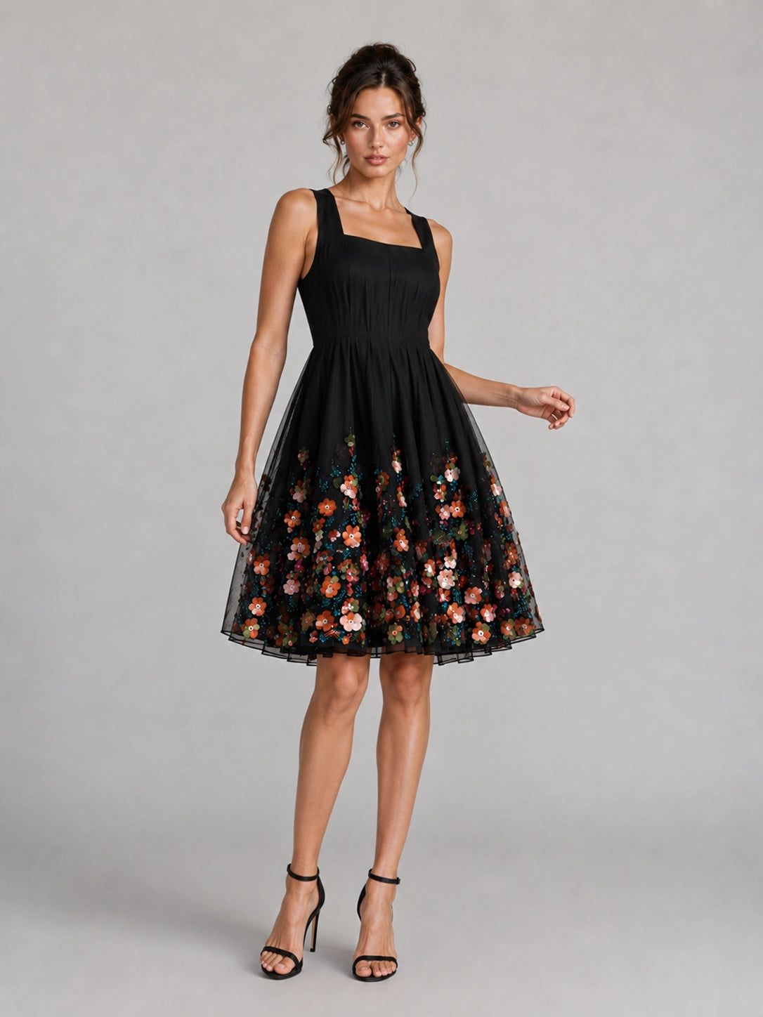 Black Floral Applique Mini Dress