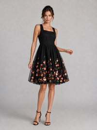 Black Floral Applique Mini Dress