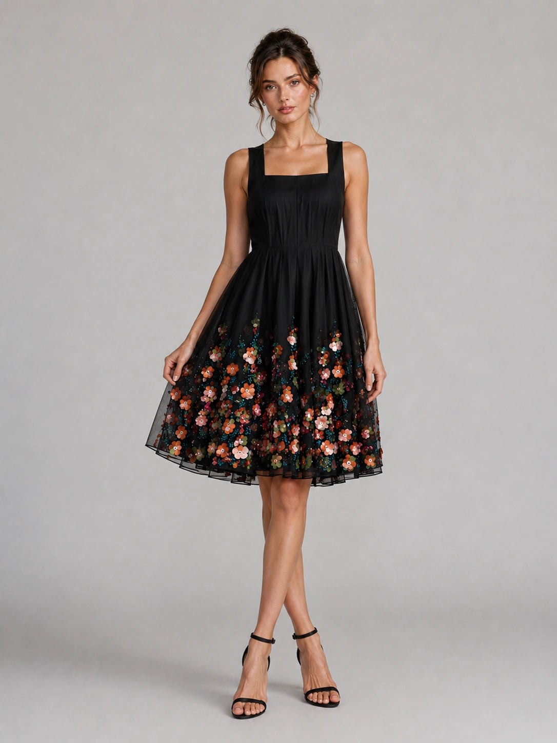 Black Floral Applique Mini Dress