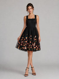 Black Floral Applique Mini Dress