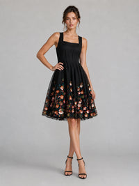 Black Floral Applique Mini Dress
