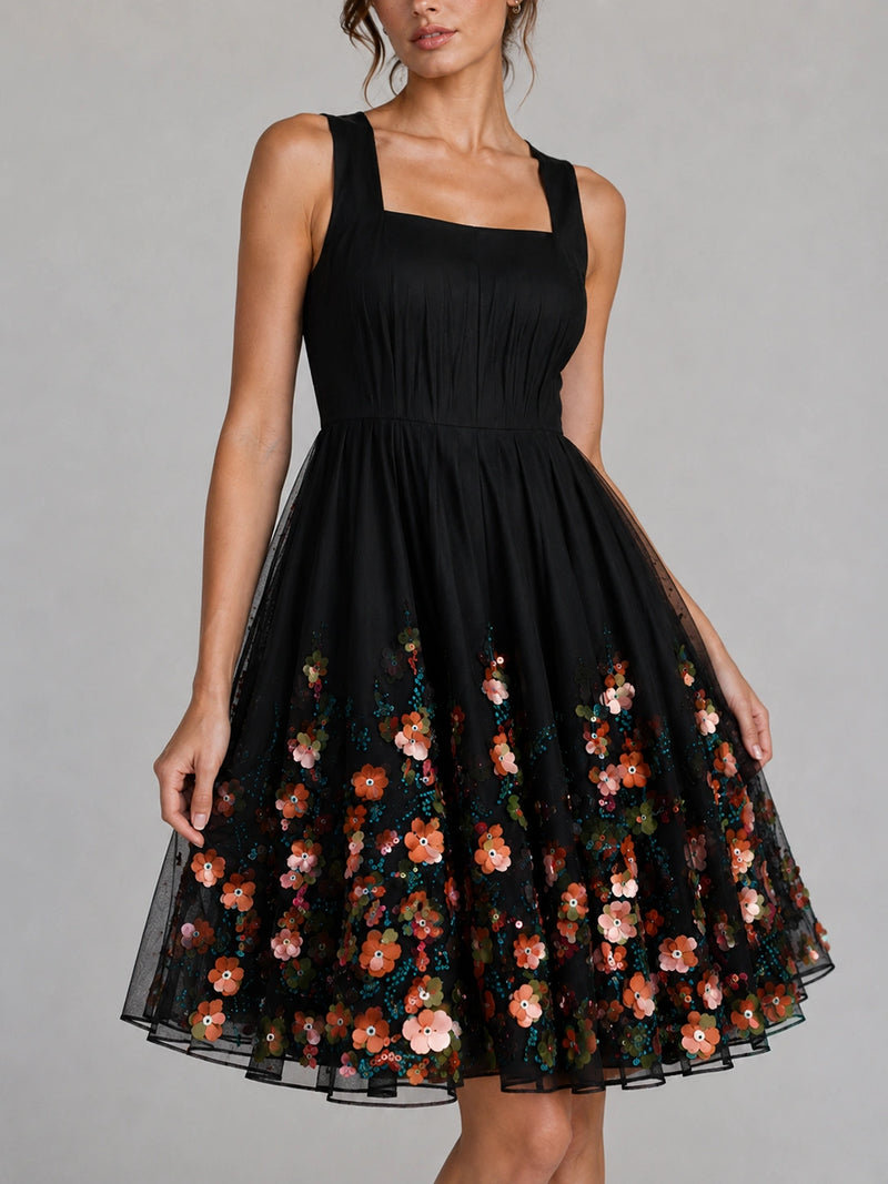 Black Floral Applique Mini Dress
