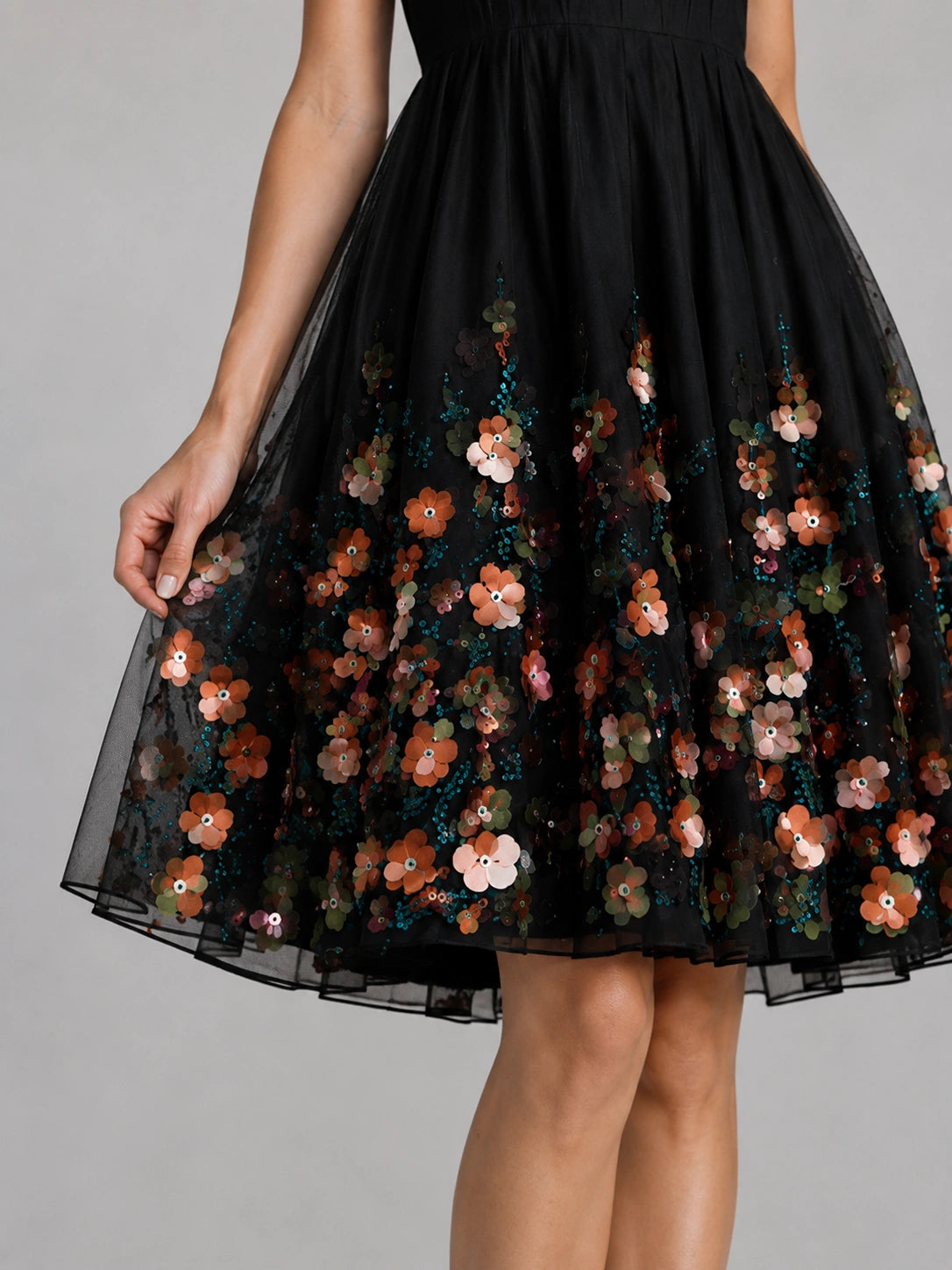 Black Floral Applique Mini Dress
