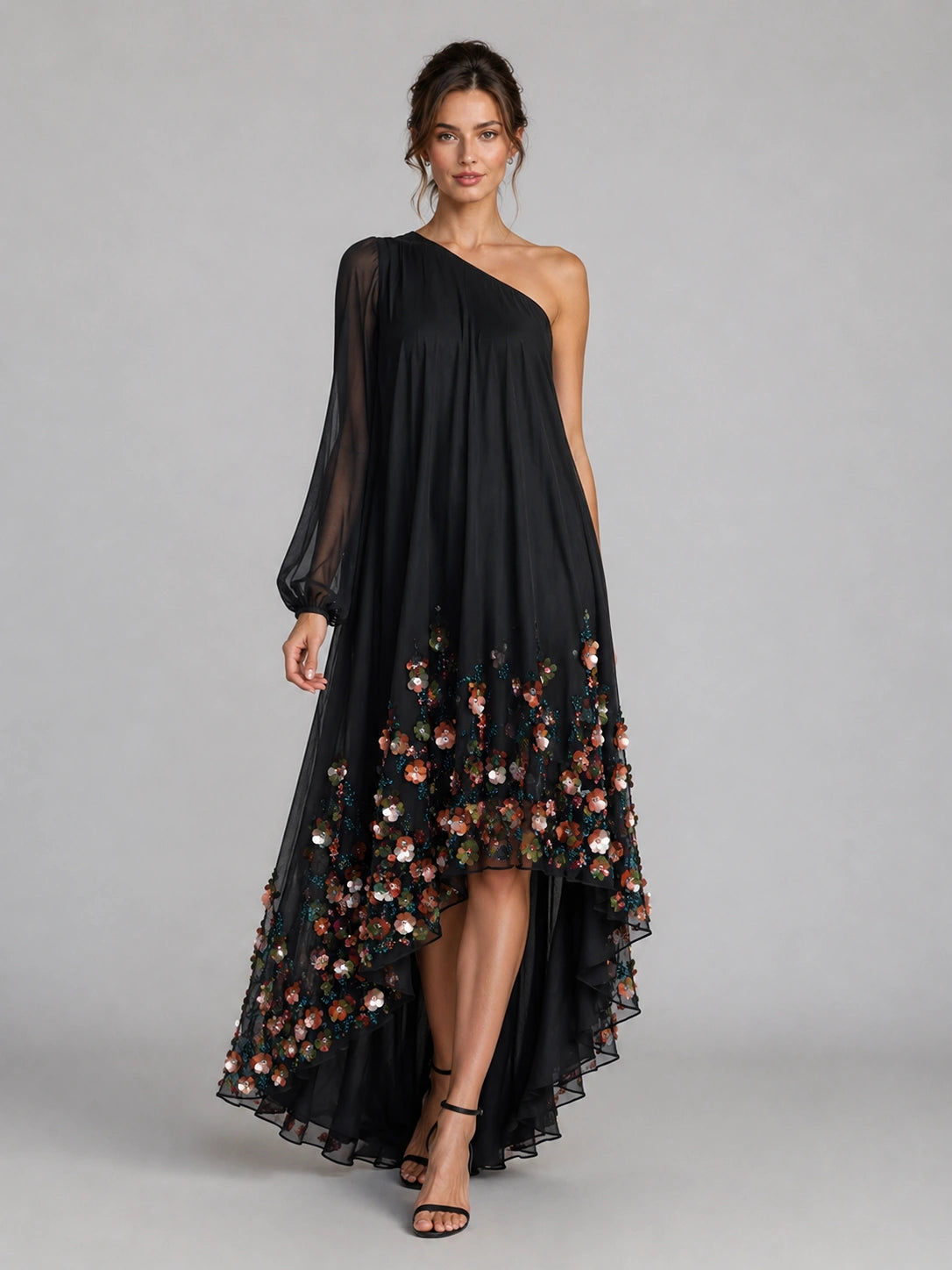 Black Floral Applique One Shoulder High Low Dress