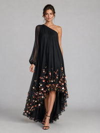 Black Floral Applique One Shoulder High Low Dress