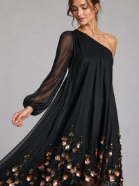 Black Floral Applique One Shoulder High Low Dress