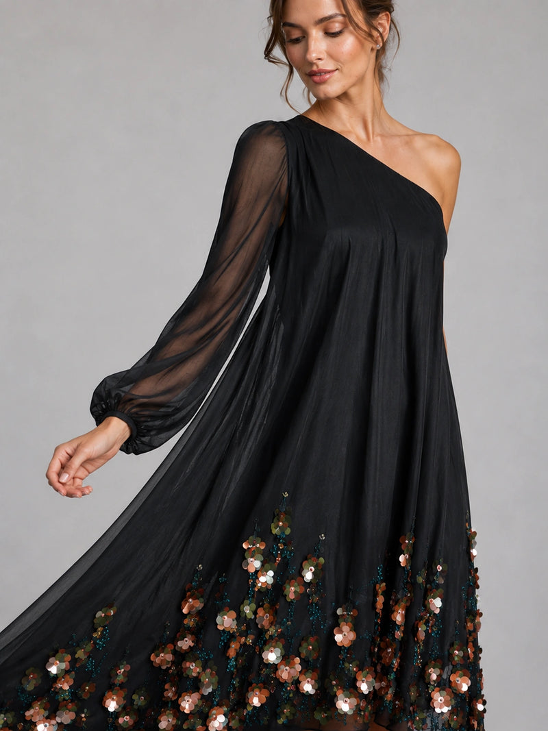 Black Floral Applique One Shoulder High Low Dress
