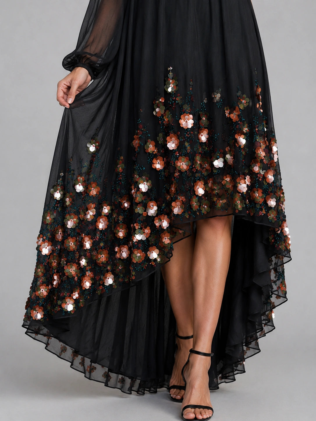 Black Floral Applique One Shoulder High Low Dress