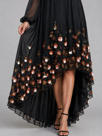 Black Floral Applique One Shoulder High Low Dress