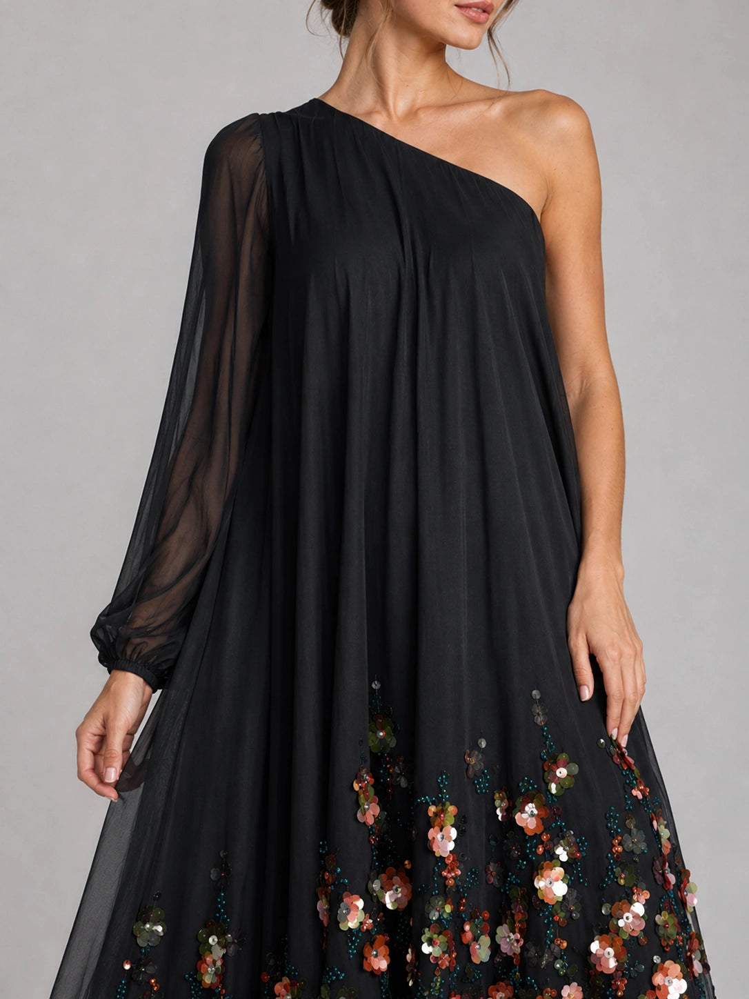 Black Floral Applique One Shoulder High Low Dress