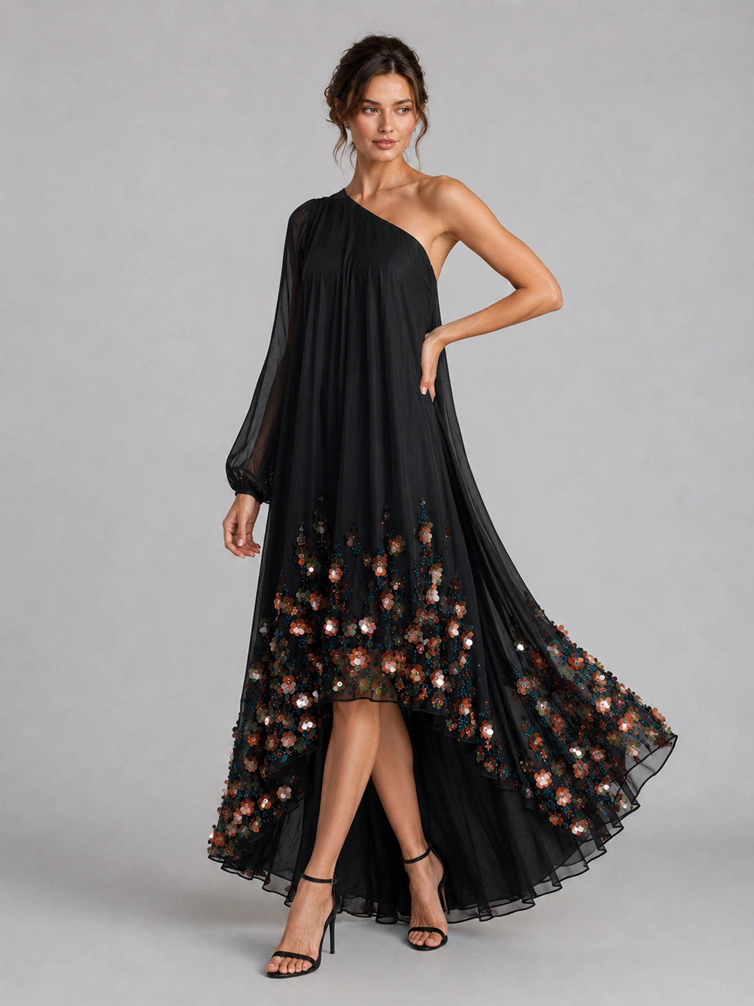 Black Floral Applique One Shoulder High Low Dress