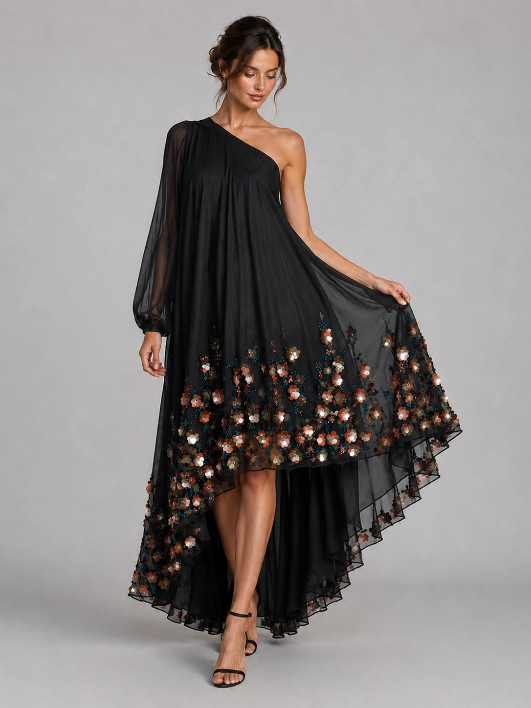 Black Floral Applique One Shoulder High Low Dress