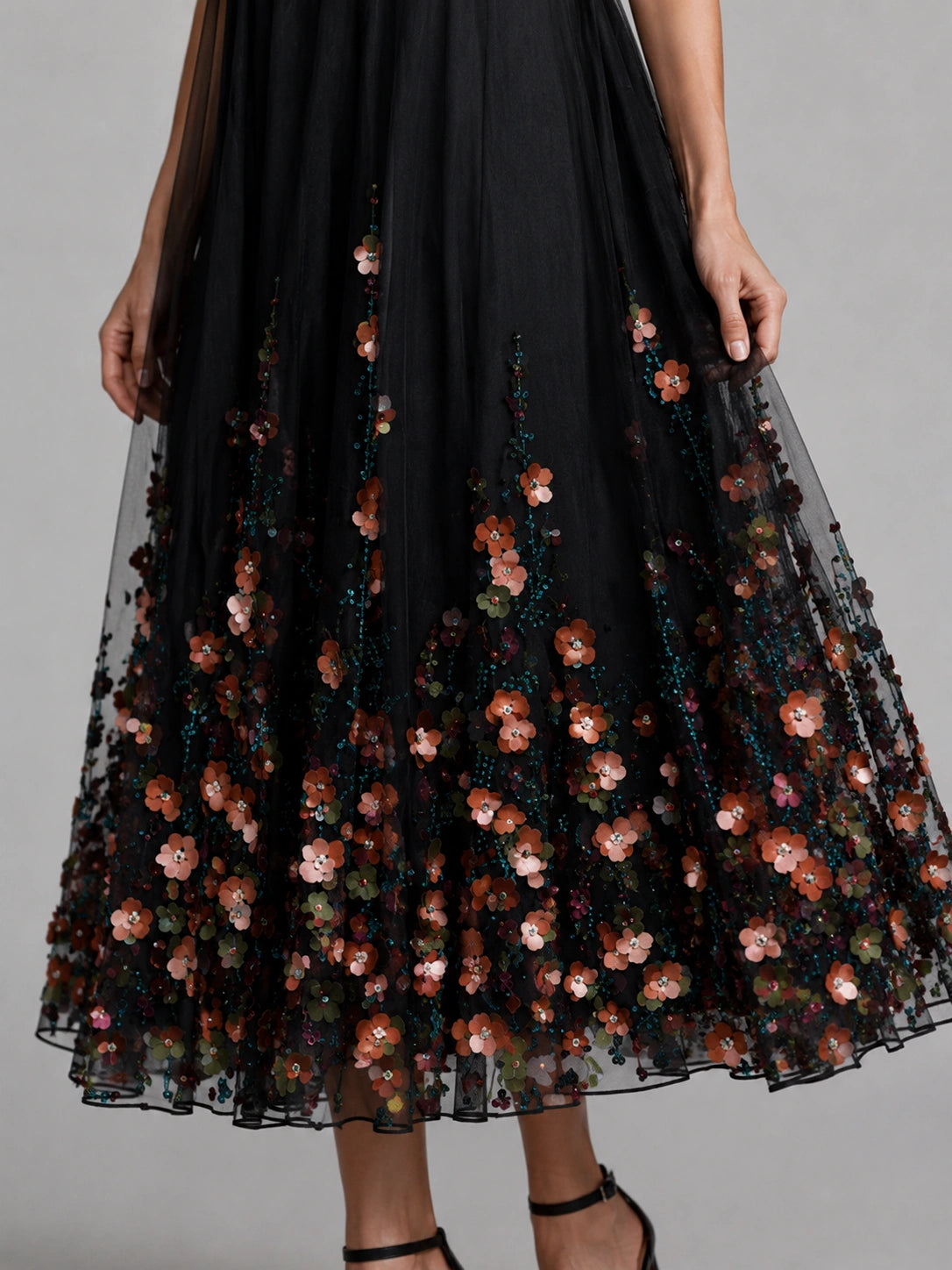 Black Floral Embroidered Off Shoulder Midi Dress