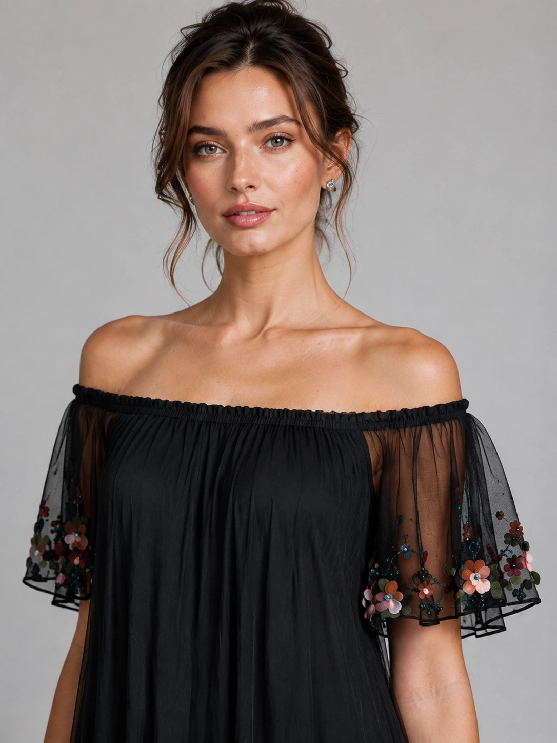 Black Floral Embroidered Off Shoulder Midi Dress