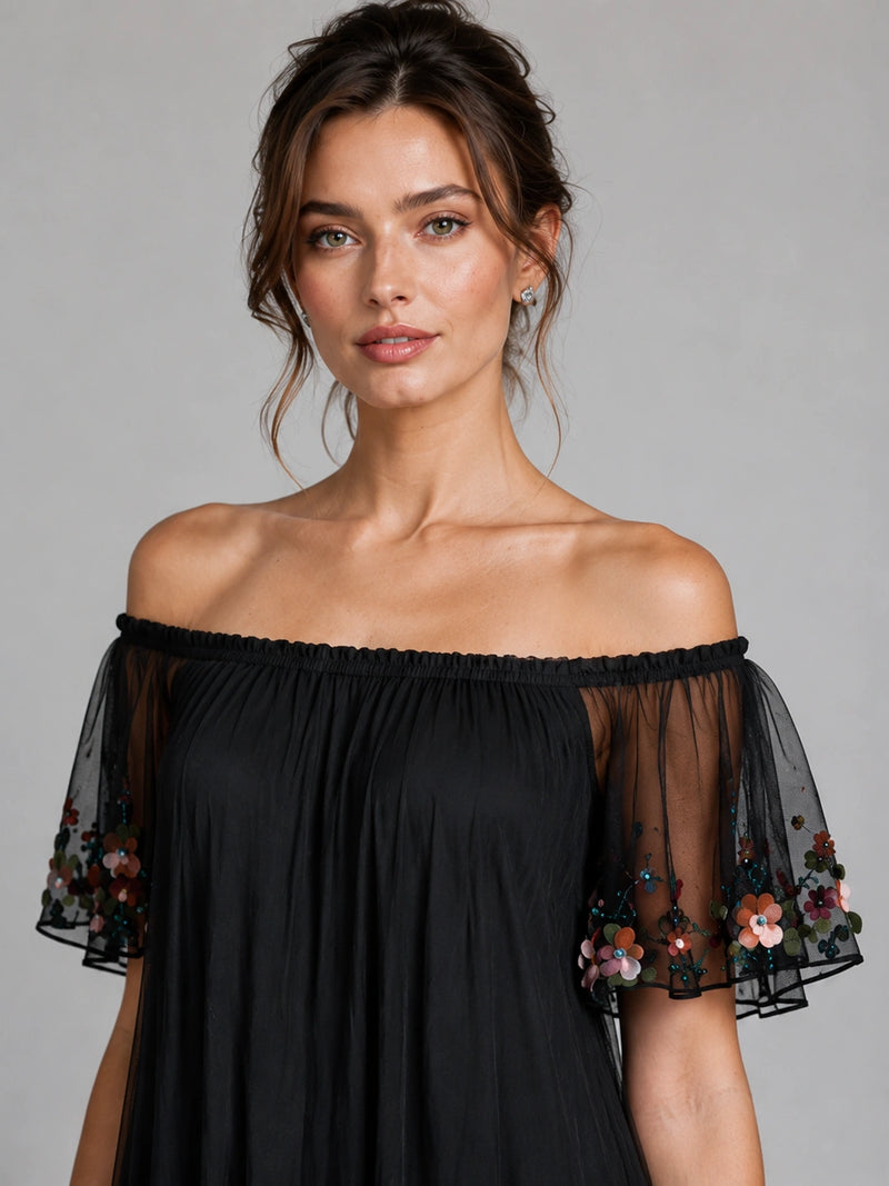 Black Floral Embroidered Off Shoulder Midi Dress