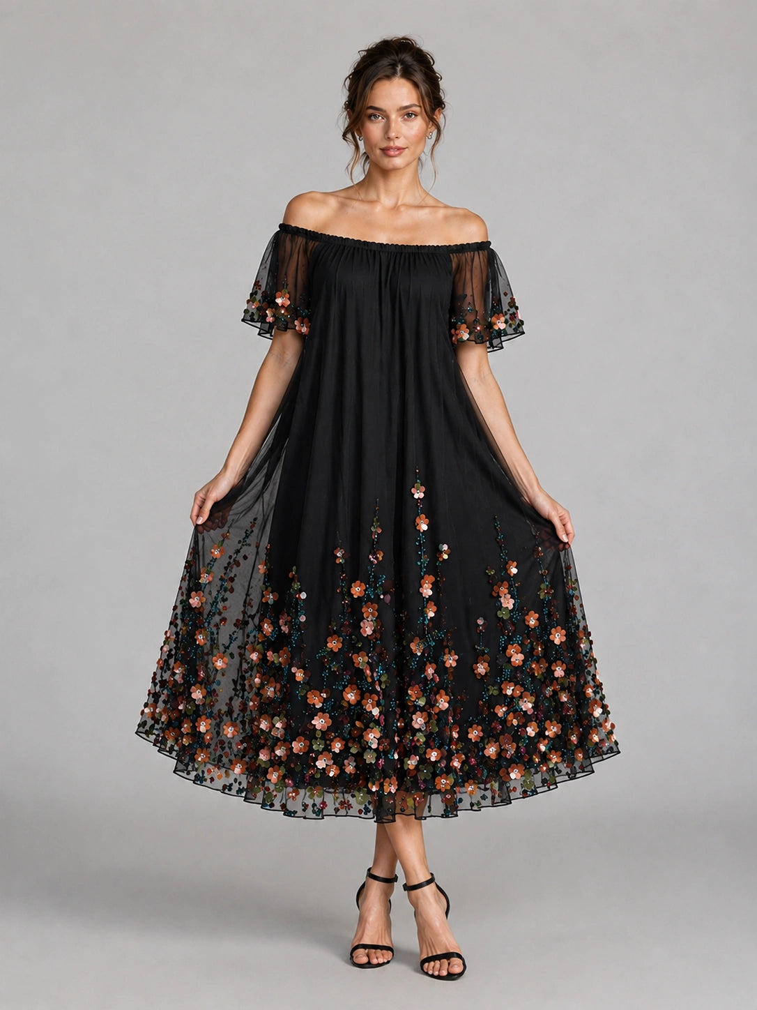 Black Floral Embroidered Off Shoulder Midi Dress