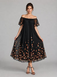 Black Floral Embroidered Off Shoulder Midi Dress