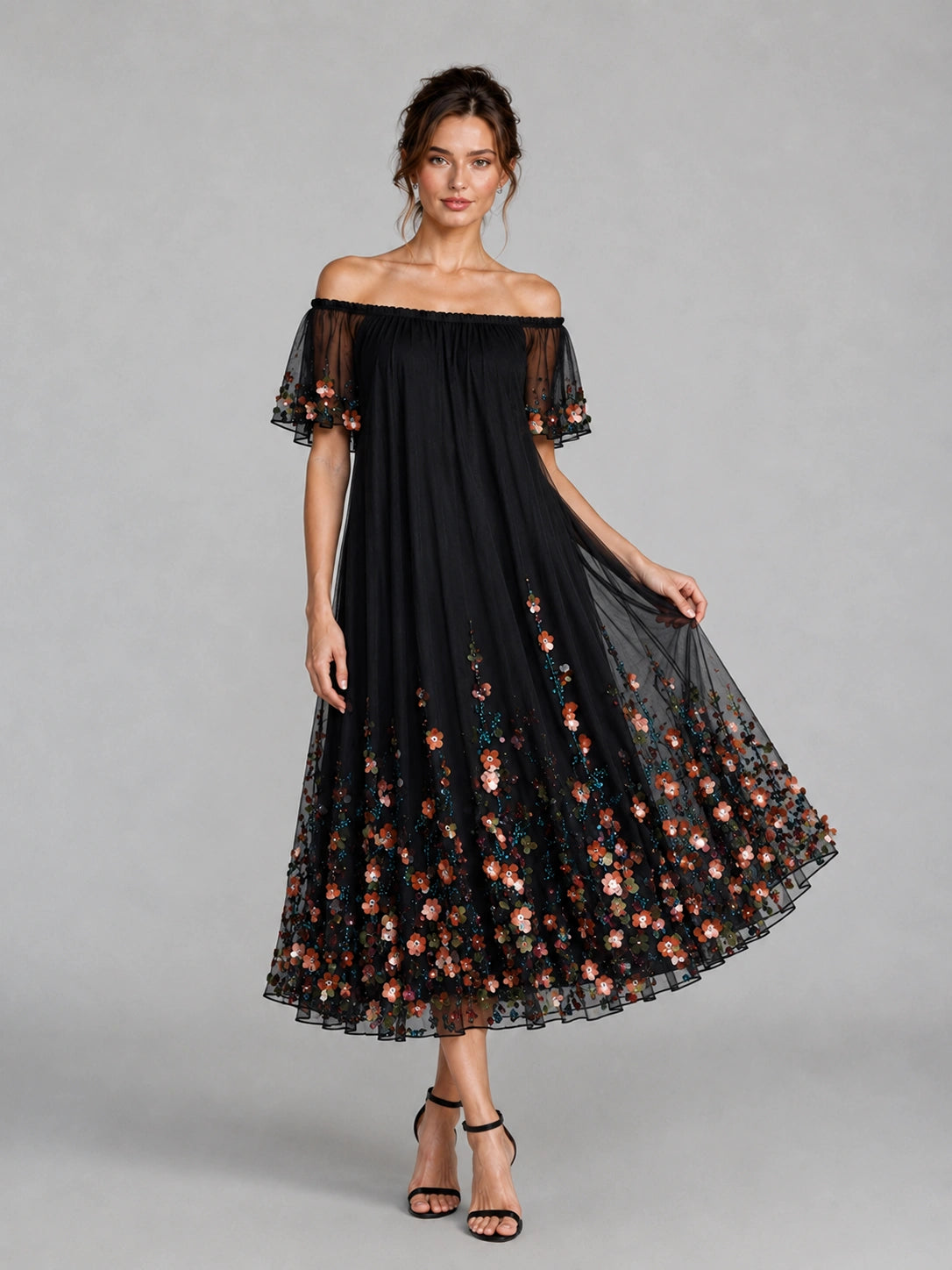 Black Floral Embroidered Off Shoulder Midi Dress