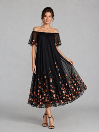 Black Floral Embroidered Off Shoulder Midi Dress