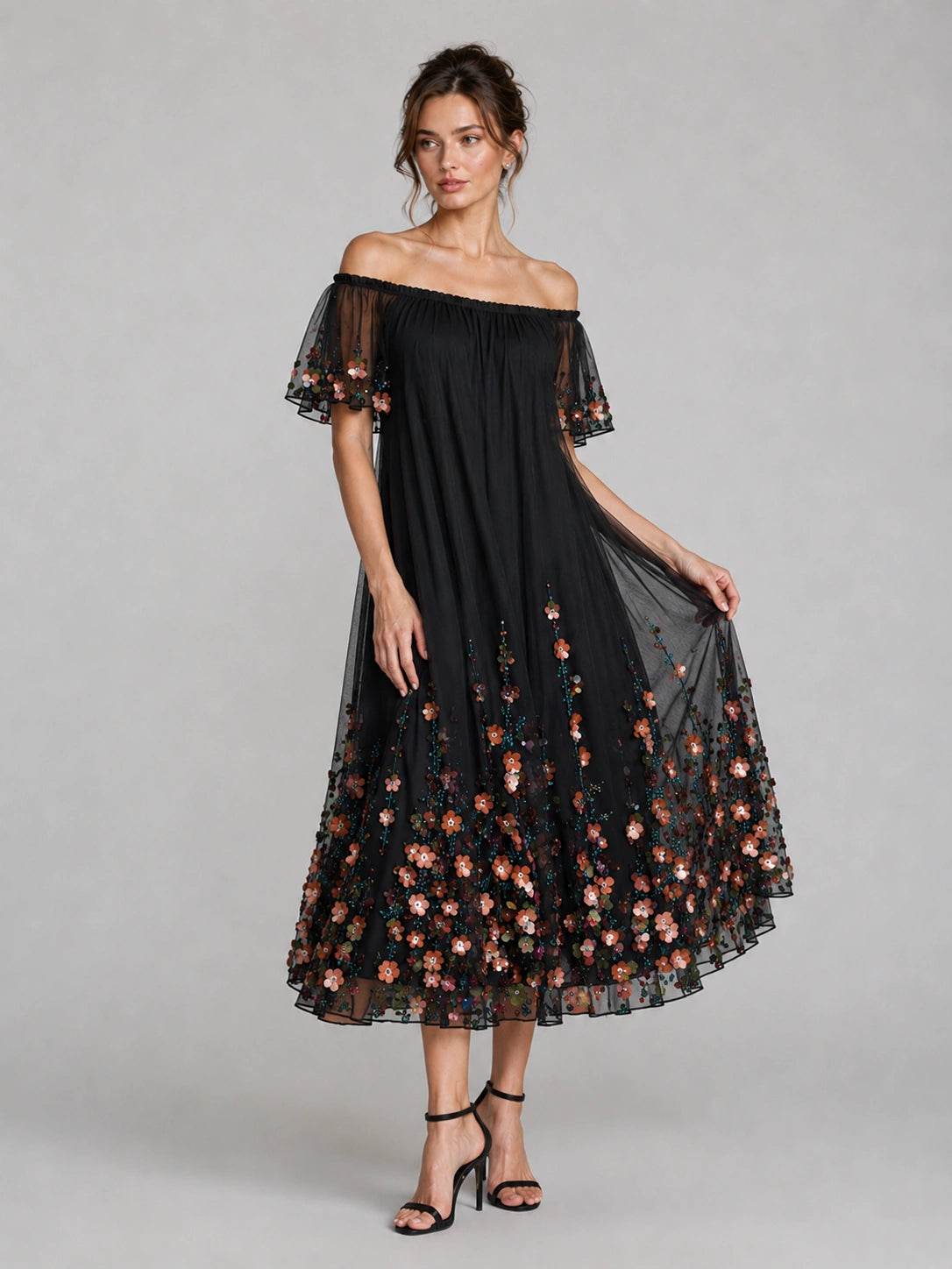 Black Floral Embroidered Off Shoulder Midi Dress