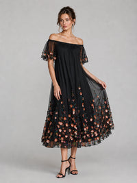 Black Floral Embroidered Off Shoulder Midi Dress