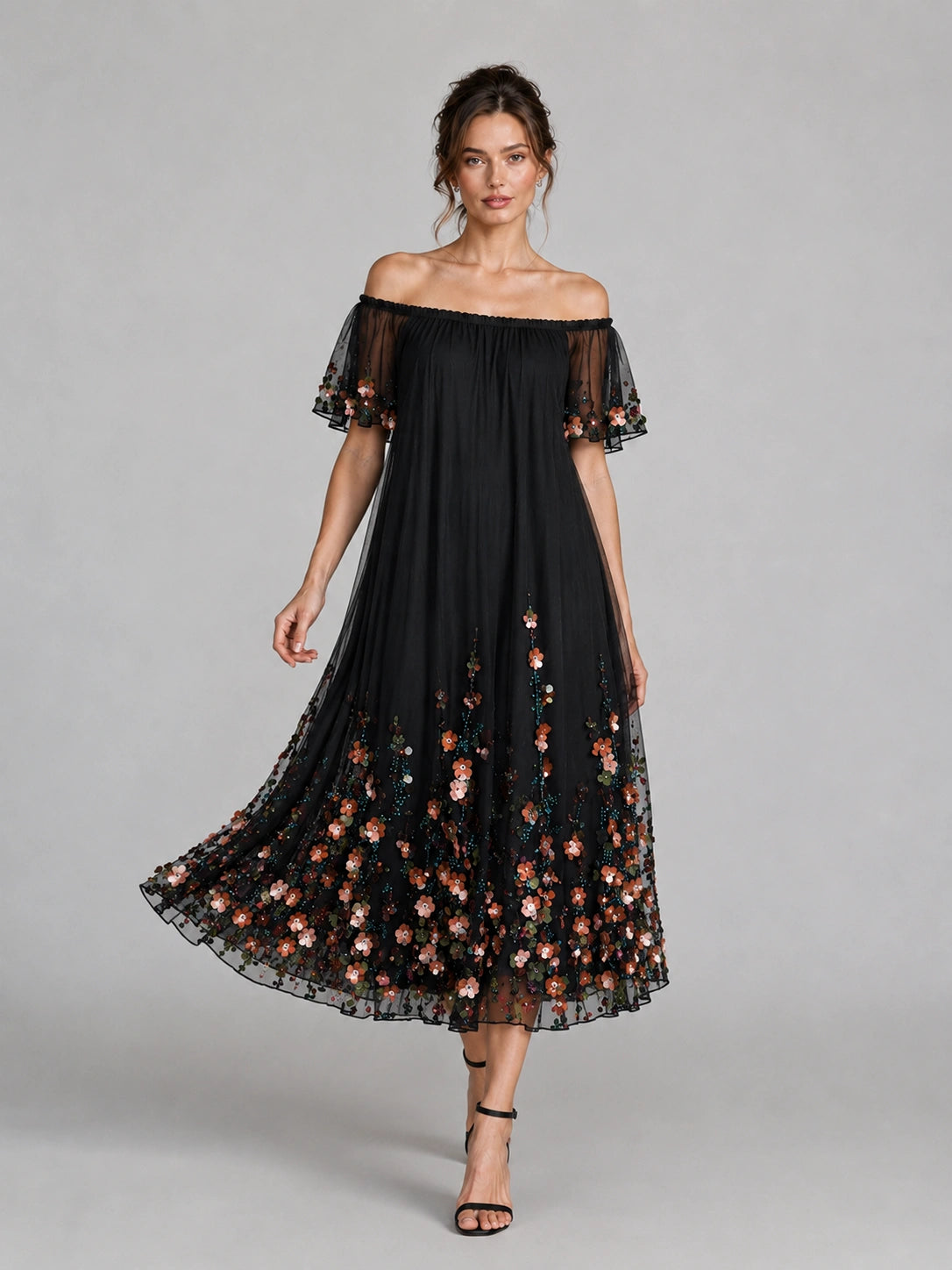 Black Floral Embroidered Off Shoulder Midi Dress