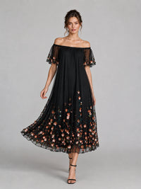 Black Floral Embroidered Off Shoulder Midi Dress