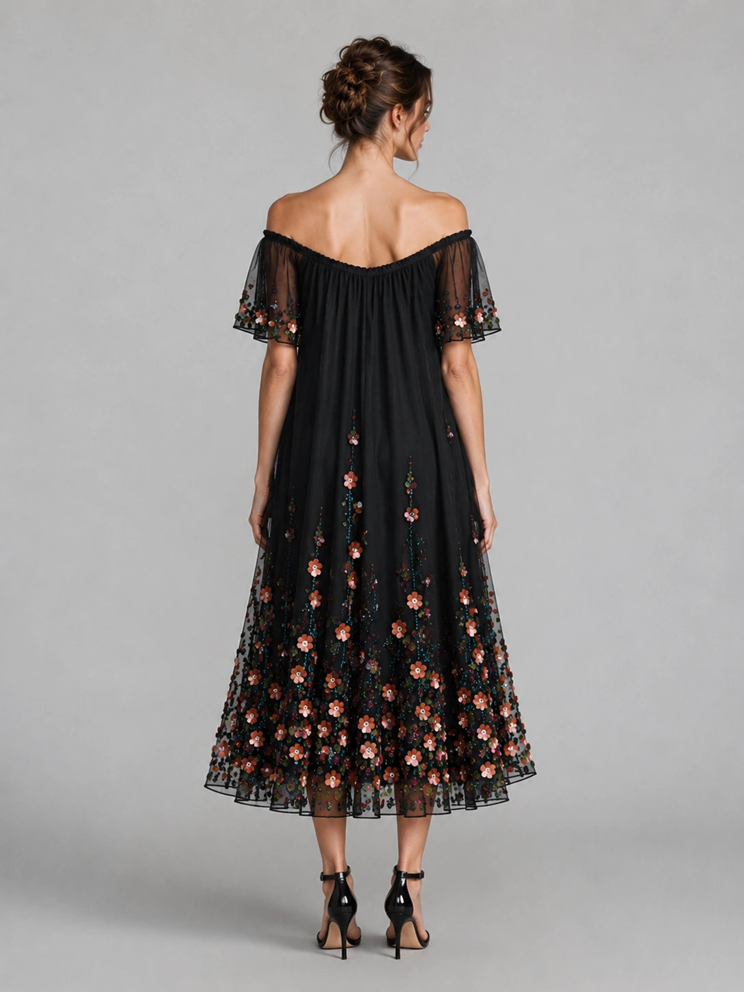 Black Floral Embroidered Off Shoulder Midi Dress