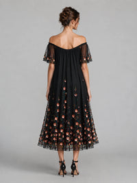 Black Floral Embroidered Off Shoulder Midi Dress