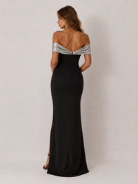 Black Off-the-Shoulder Sequin Bow High-Slit Maxi Dress