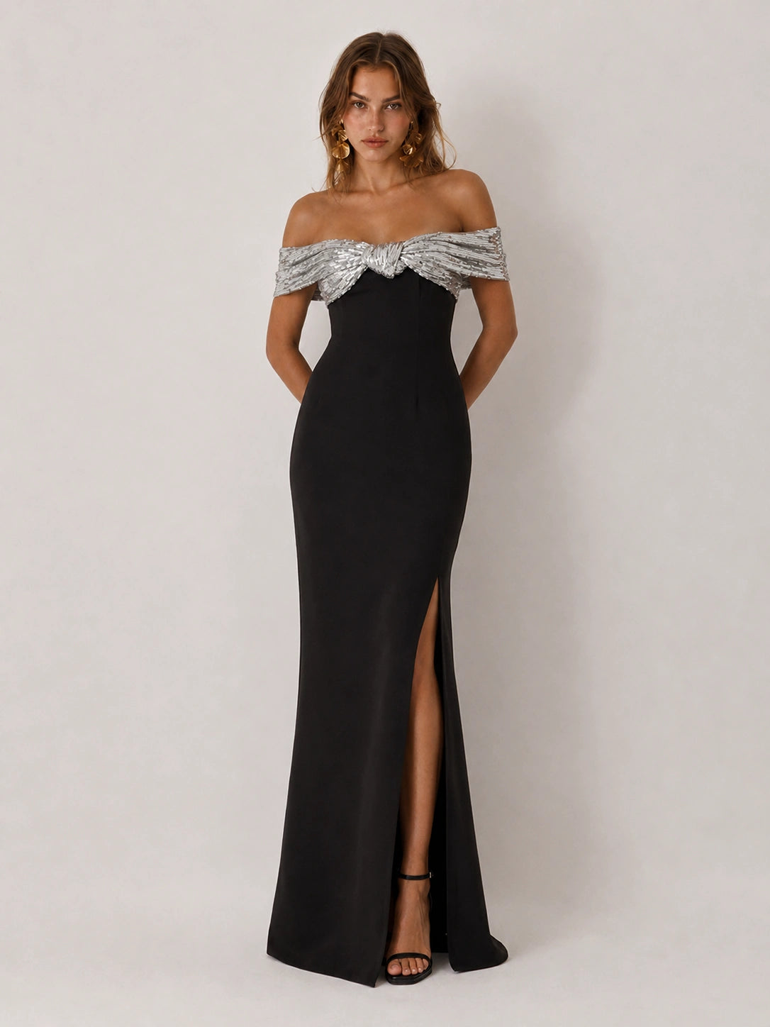 Black Off-the-Shoulder Sequin Bow High-Slit Maxi Dress