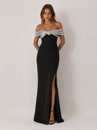 Black Off-the-Shoulder Sequin Bow High-Slit Maxi Dress