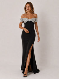 Black Off-the-Shoulder Sequin Bow High-Slit Maxi Dress