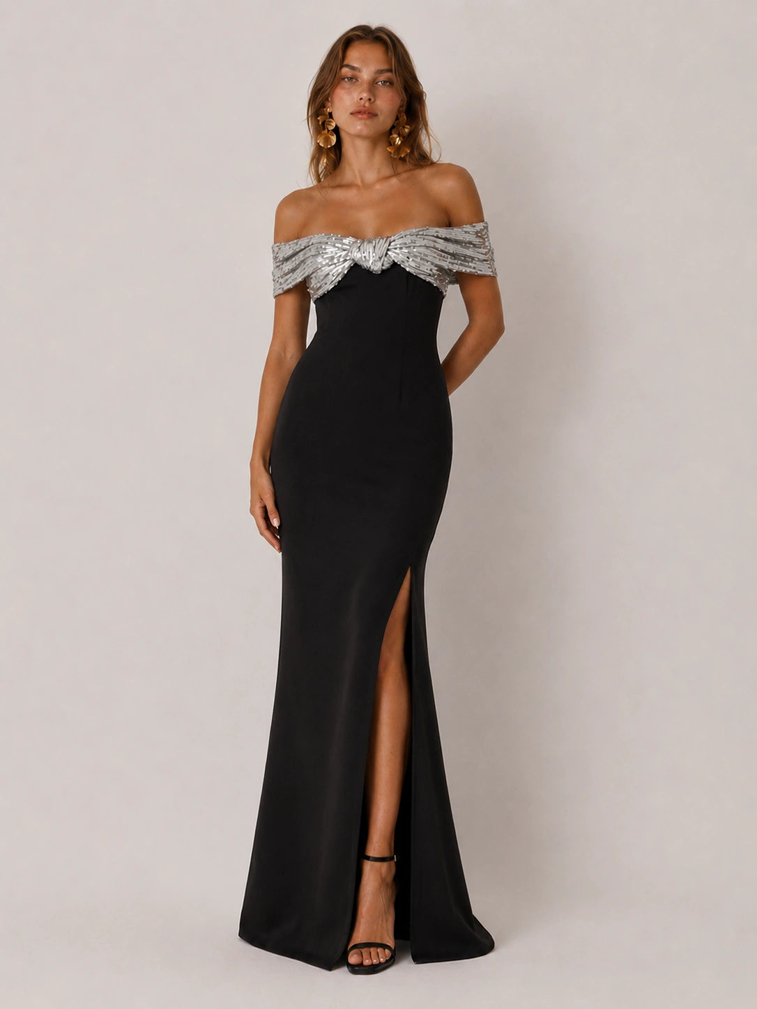Black Off-the-Shoulder Sequin Bow High-Slit Maxi Dress