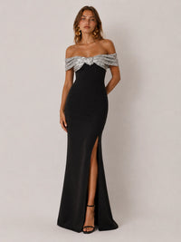 Black Off-the-Shoulder Sequin Bow High-Slit Maxi Dress