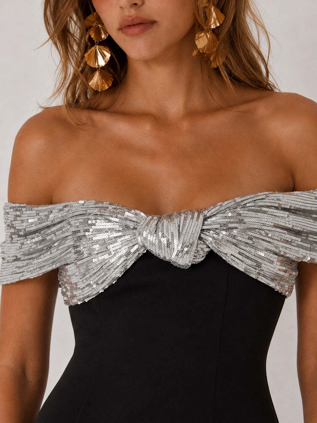 Black Off-the-Shoulder Sequin Bow High-Slit Maxi Dress