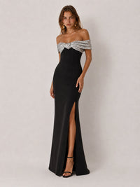 Black Off-the-Shoulder Sequin Bow High-Slit Maxi Dress