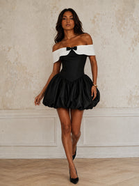 Black Off Shoulder Homecoming Mini Dress with Bow