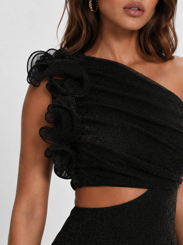 Black Glitter One Shoulder Cutout Homecoming Mini Dress