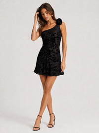 Black Lace One Shoulder Homecoming Mini Dress with 3D Flower