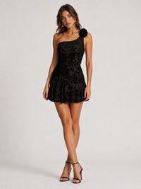 Black Lace One Shoulder Homecoming Mini Dress with 3D Flower