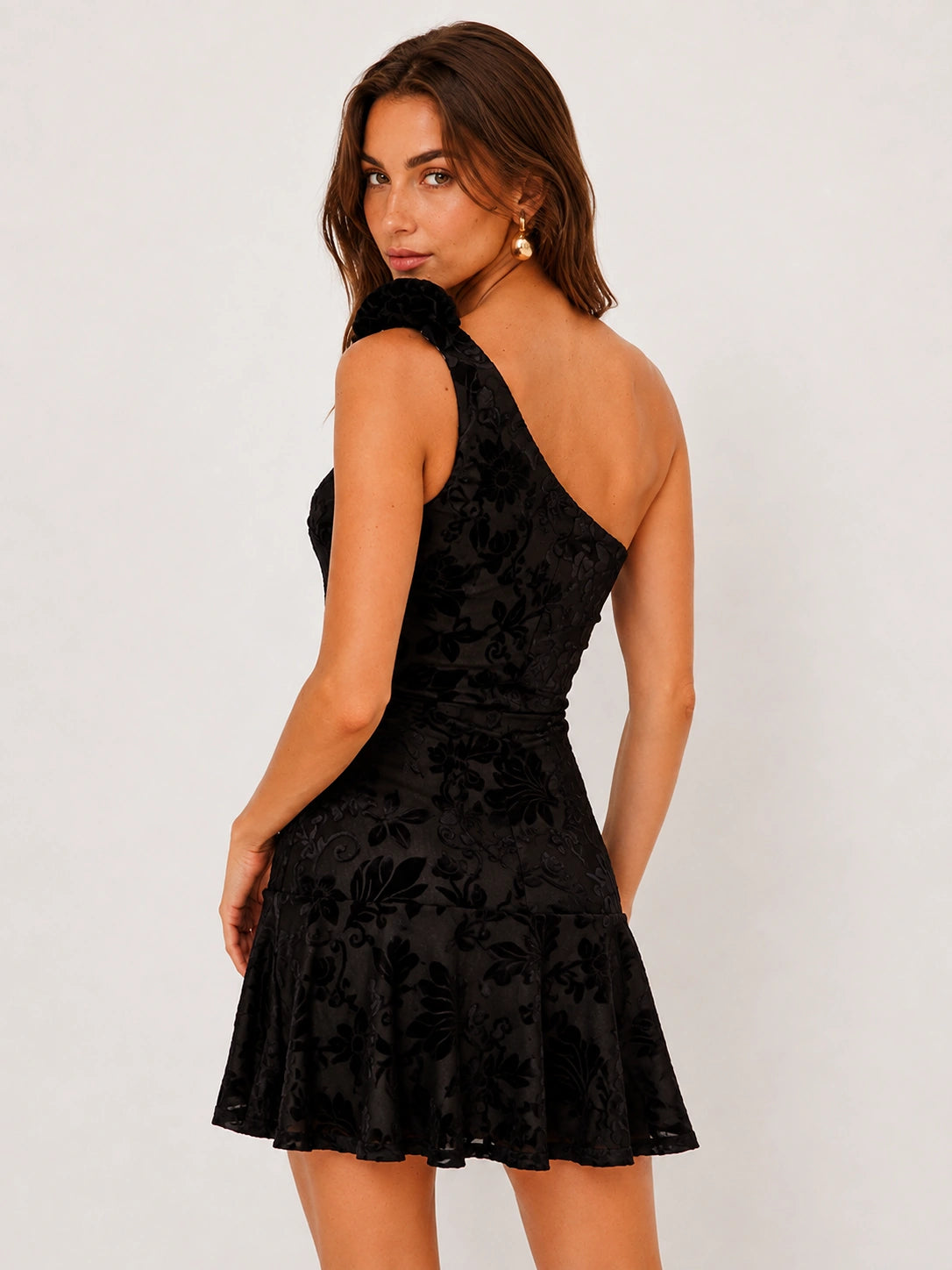 Black Lace One Shoulder Homecoming Mini Dress with 3D Flower